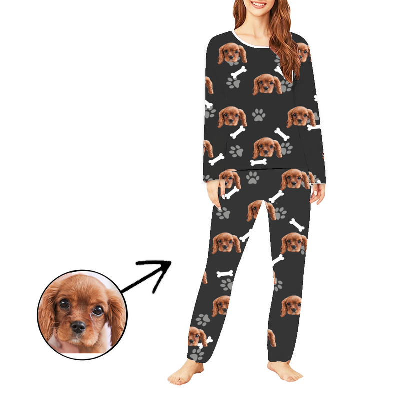 Custom Face Pajamas Pants For Women Dog Footprint Long Sleeve Mother's Day Gifts
