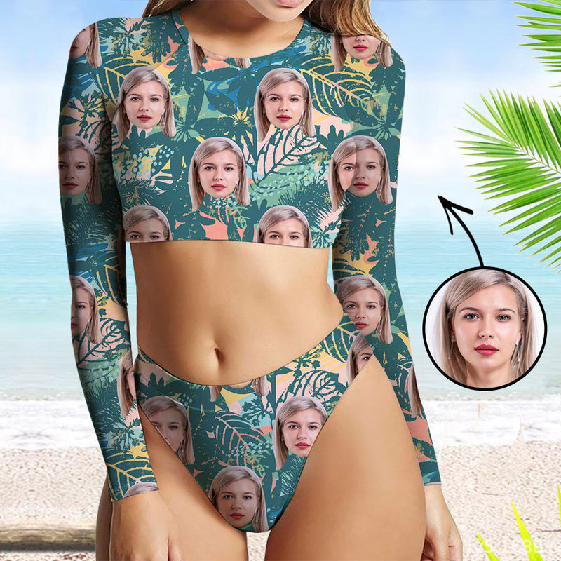 Custom Face Swimsuit Two Piece Face Swimsuit Face Bikini Tropical Island Face Personalized Bathing Suit For Women