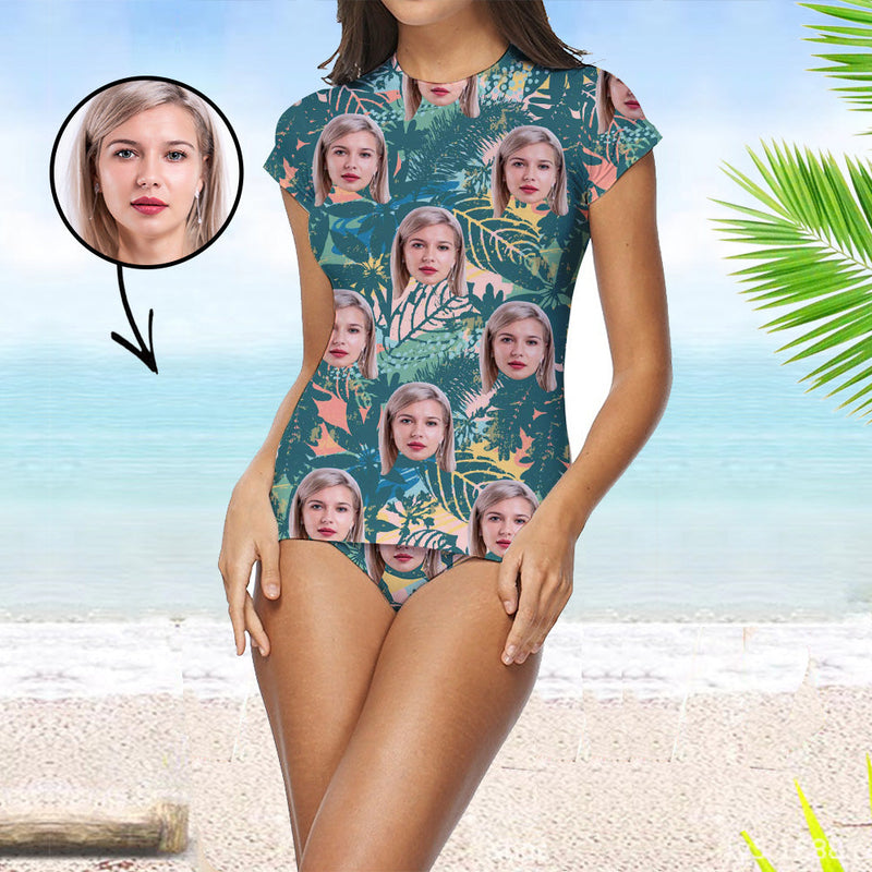 Custom Face Swimsuit Two Piece Face Swimsuit Face Bikini Tropical Flower Face Personalized Bathing Suit For Women Short Sleeve