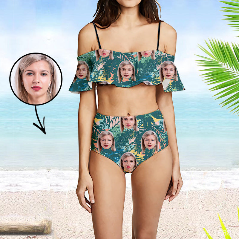 Custom Face Swimsuit Ruffle Face Bikini Tropical Flower Face Personalized Bathing Suit For Women