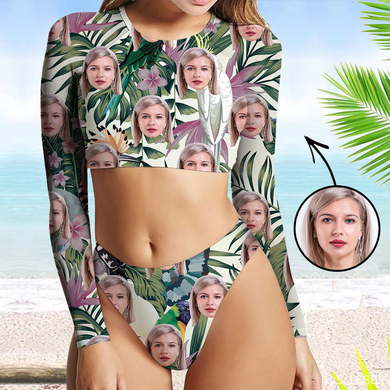 Custom Face Swimsuit Two Piece Face Swimsuit Face Bikini Tropical Flower Face Personalized Bathing Suit For Women