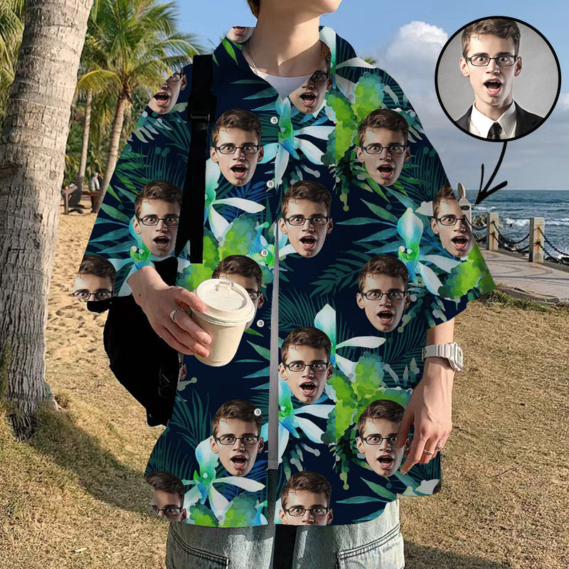 Custom Face Hawaiian Shirt For Boyfriend/Husband Personalized Hawaiian Shirt Flowers And Birds