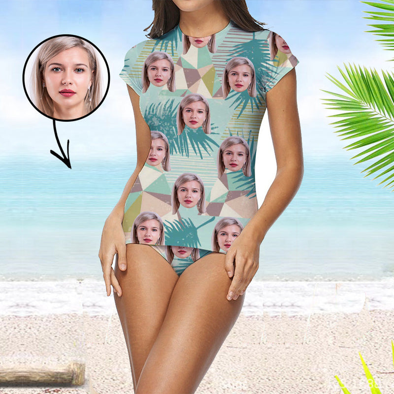 Custom Face Swimsuit Two Piece Face Swimsuit Face Bikini Mash Face Personalized Bathing Suit For Women Short Sleeve