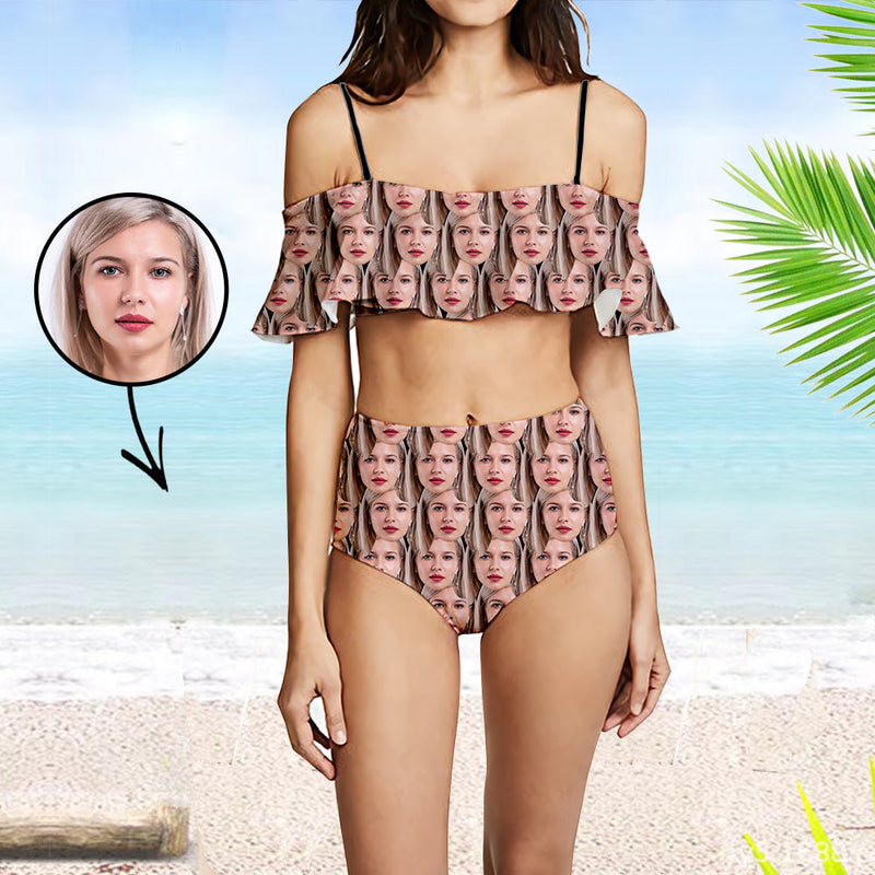 Custom Face Swimsuit Ruffle Face Bikini Tropical Flower Face Personalized Bathing Suit For Women