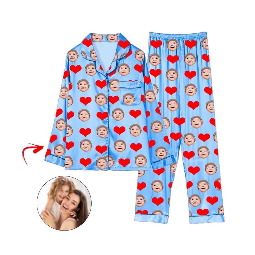 Custom Photo Satin Pajamas Heart I Love My Baby Blue
