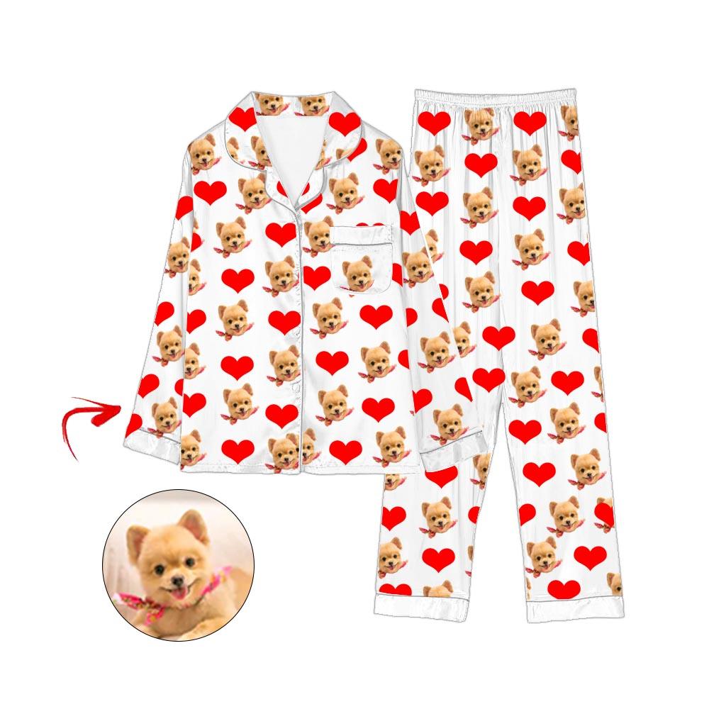 Custom Photo Satin Pajamas Heart I Love My Dog White