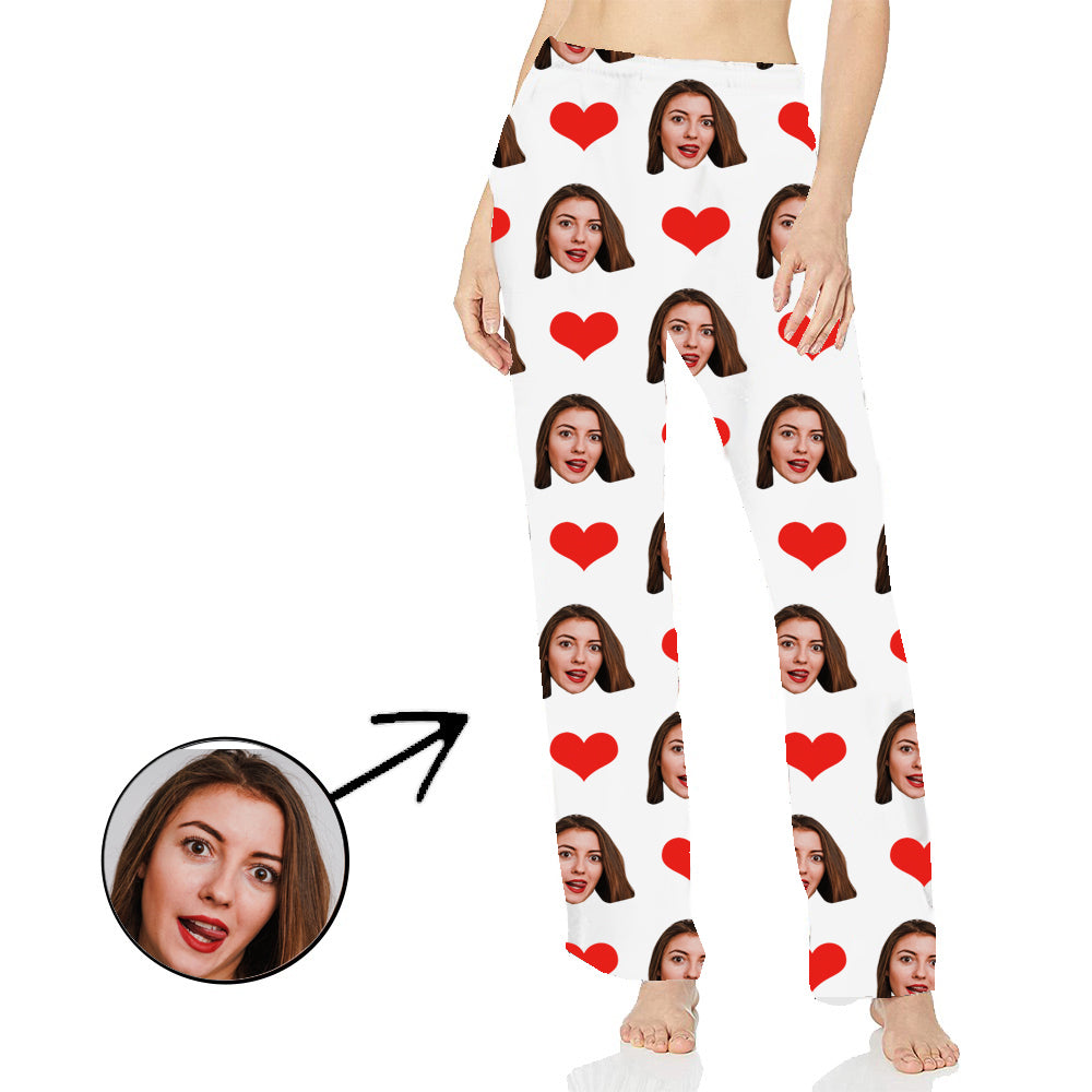Custom Photo Pajamas Pants For Women Heart My Loved One's Face Long Sleeve