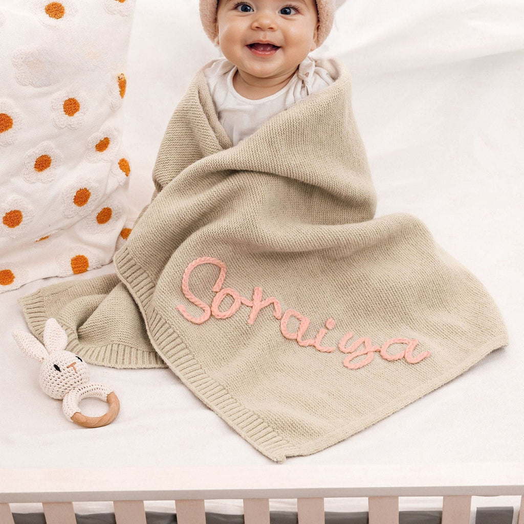 Welcome gift for baby - Embroidered stroller blanket made of breathable cotton knit