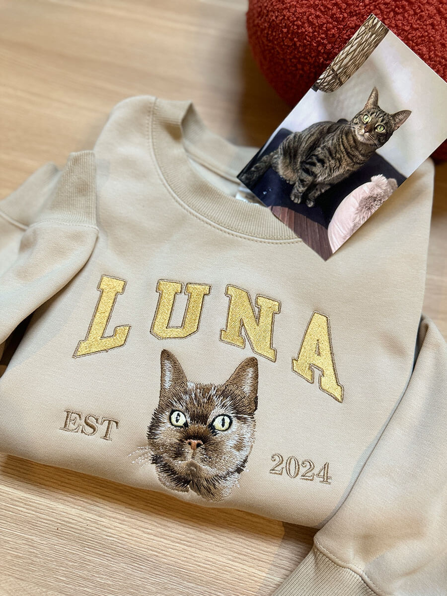 Custom Embroidered Sweatshirt from Your Photo, Personalized Cat Face with Cat Name Hoodie