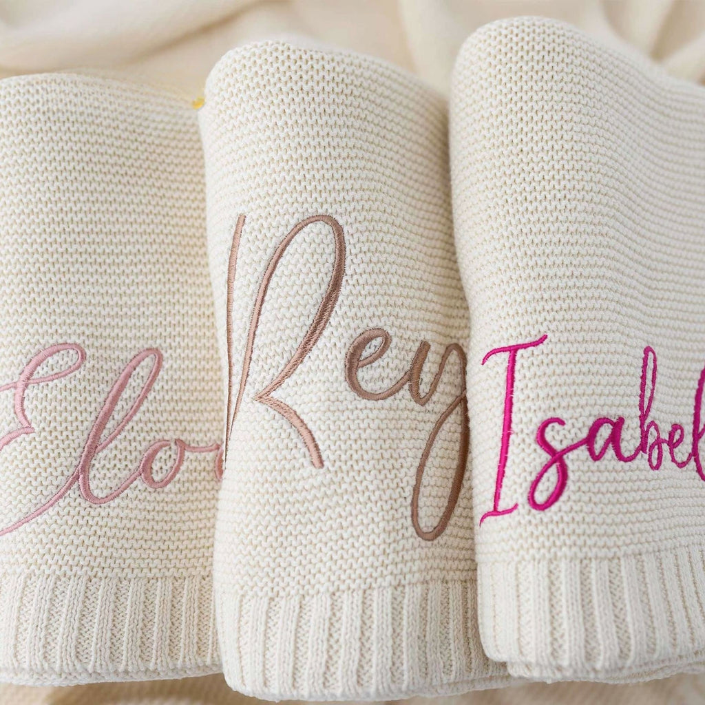 Personalized baby blanket with embroidered name - Soft cotton knitted blanket for stroller & play mat