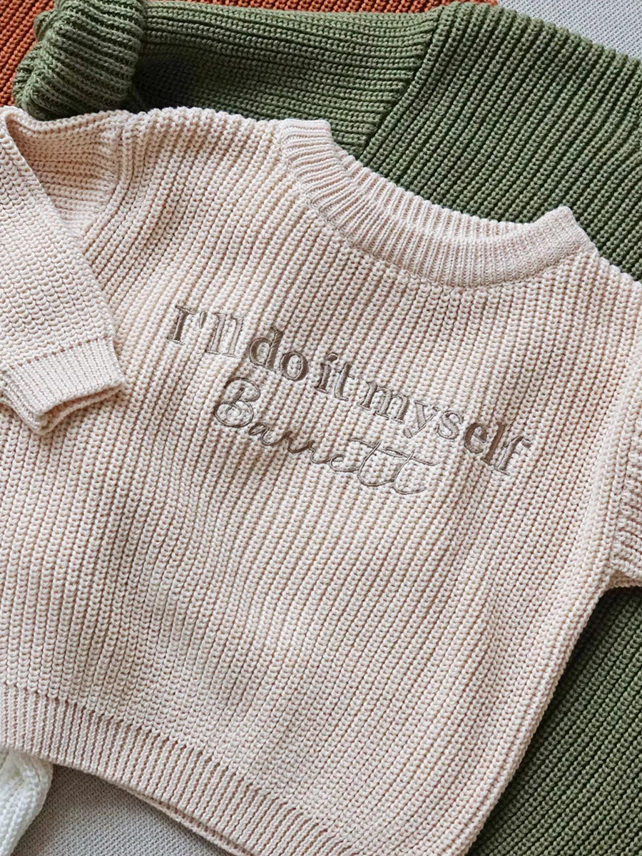 Handmade knitted sweater for babies – individually embroidered name, unisex toddler fashion