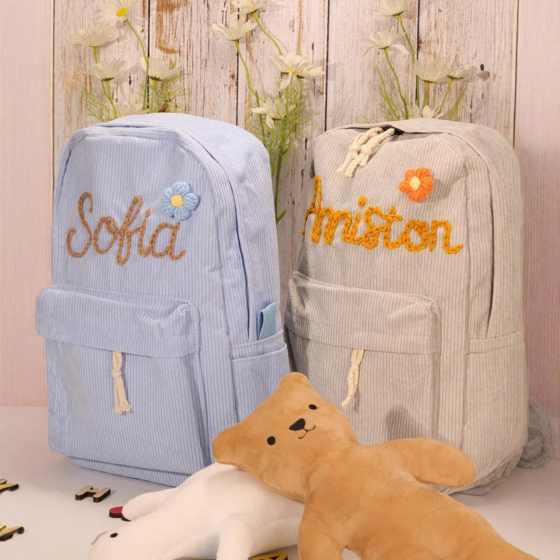 High-quality school backpack made of corduroy fabric – with embroidered name field