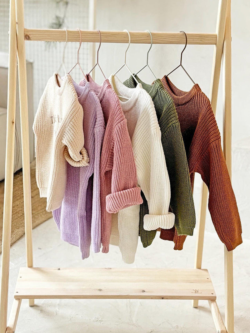 Handmade knitted sweater for babies – individually embroidered name, unisex toddler fashion