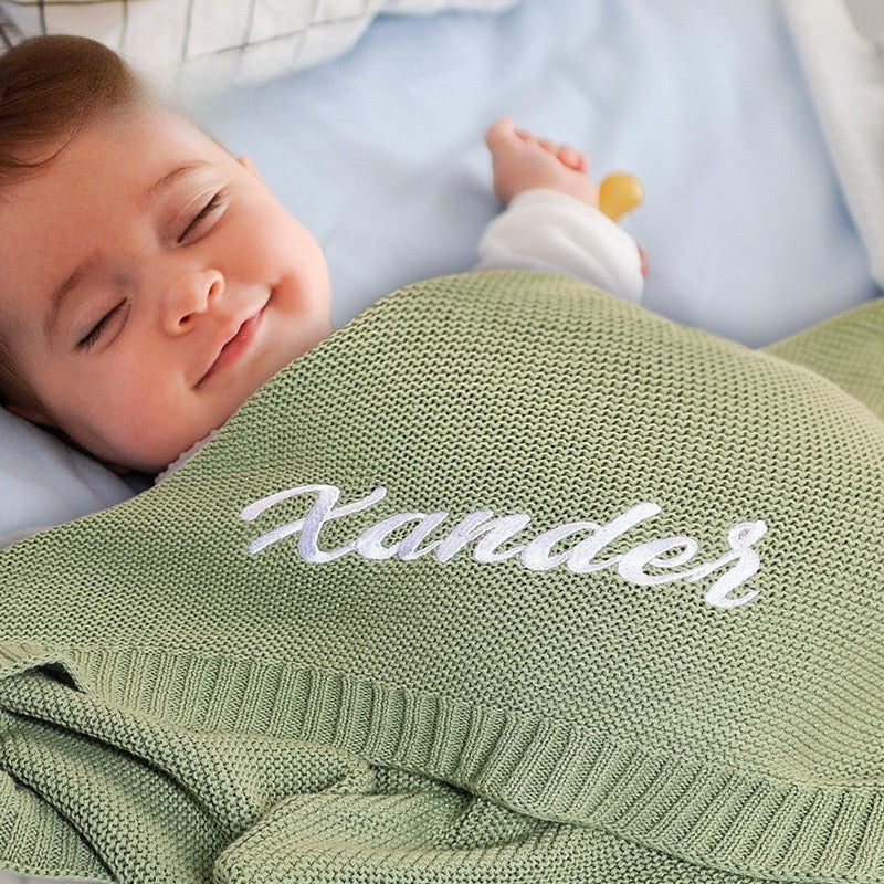 Stroller blanket with name embroidery - Soft, personalized cotton knit blanket for babies