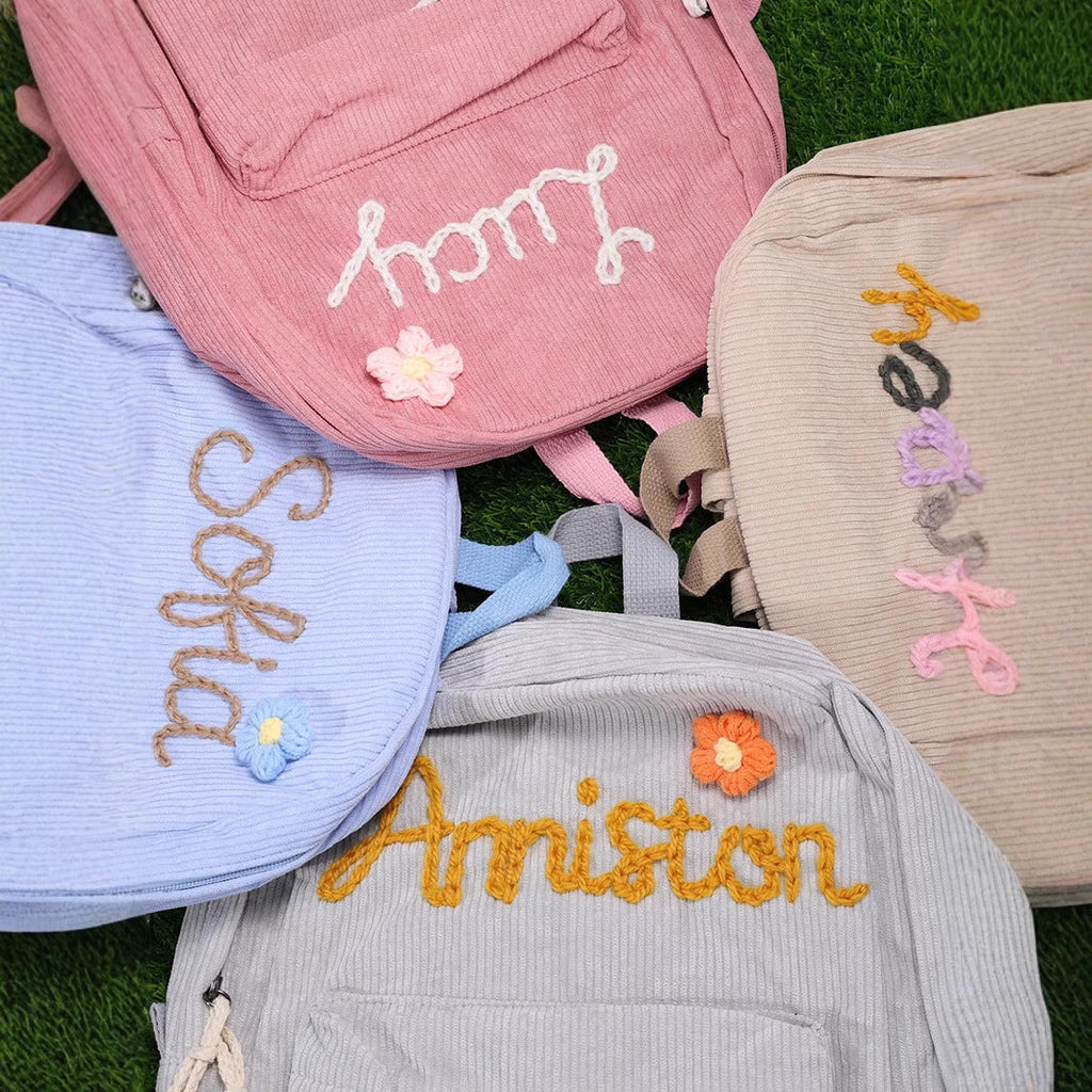 High-quality school backpack made of corduroy fabric – with embroidered name field