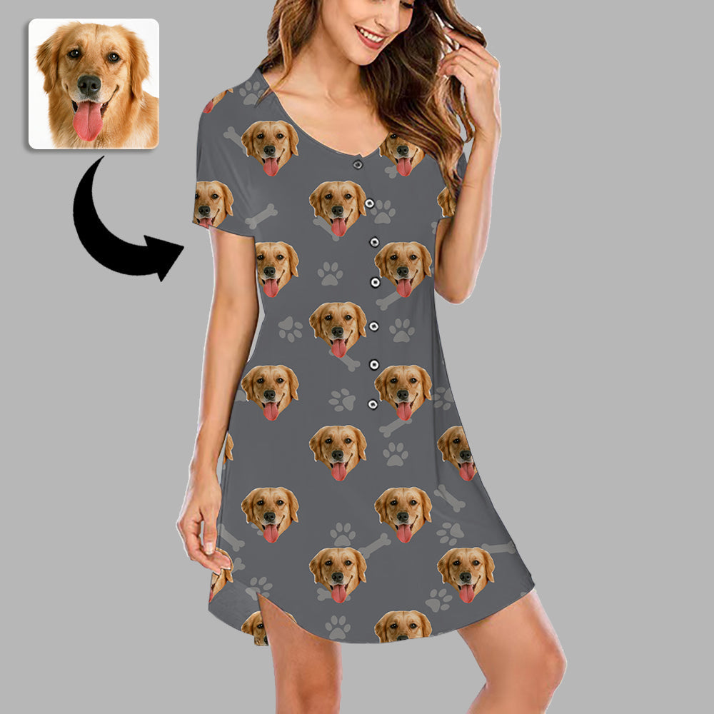 Mother's Day Gifts Custom Face Nightgown For Women Photo Sleepwear Custom Face Pajama Dress Soft Nightshirt Sleeveless Dog Footprint Gift For Dog Lover