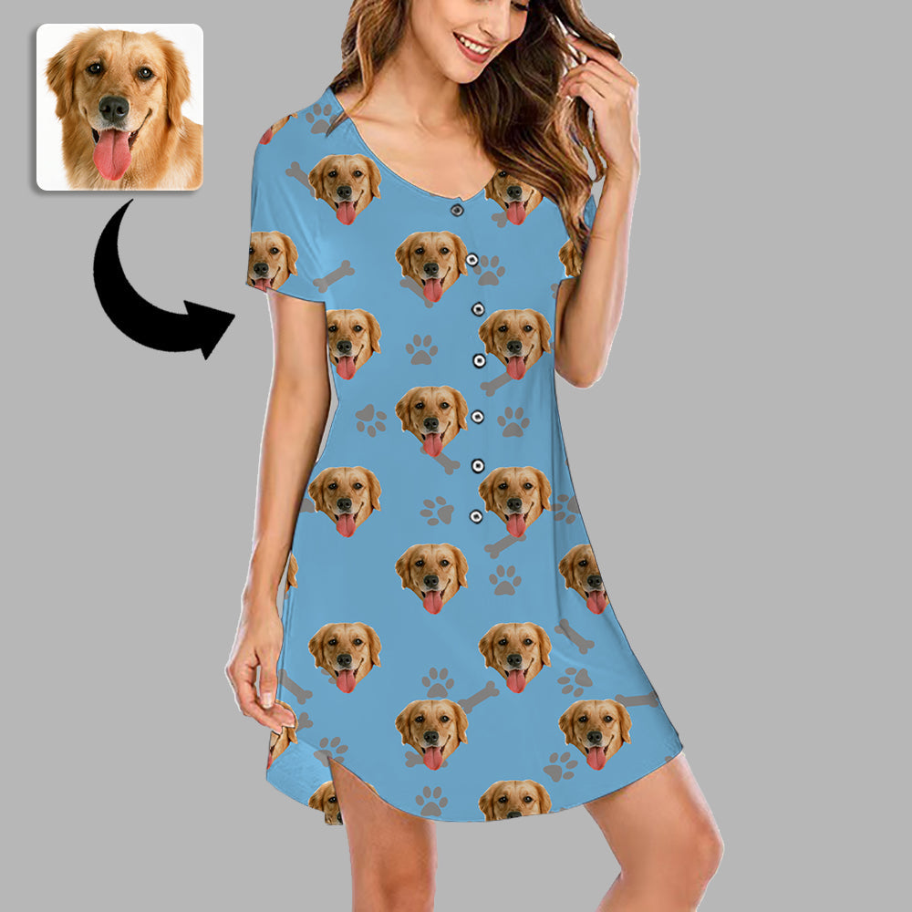 Mother's Day Gifts Custom Face Nightgown For Women Photo Sleepwear Custom Face Pajama Dress Soft Nightshirt Sleeveless Dog Footprint Gift For Dog Lover