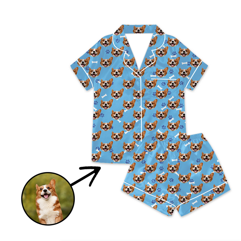 Custom Photo Satin Pajamas Dog Footprint Blue For Summer