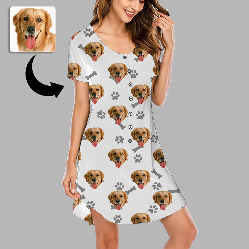 Mother's Day Gifts Custom Face Nightgown For Women Photo Sleepwear Custom Face Pajama Dress Soft Nightshirt Sleeveless Dog Footprint Gift For Pet Lover