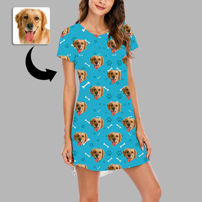 Mother's Day Gifts Custom Face Nightgown For Women Photo Sleepwear Custom Face Pajama Dress Soft Nightshirt Sleeveless Dog Footprint Gift For Pet Lover