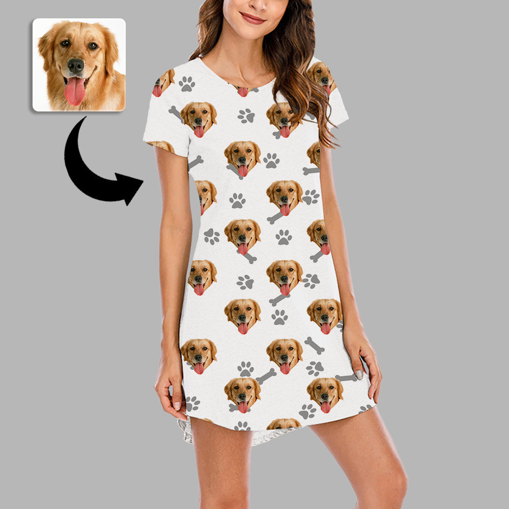 Mother's Day Gifts Custom Face Nightdress For Women Photo Sleepwear Custom Face Pajama Dress Soft Nightshirt Sleeveless Dog Footprint