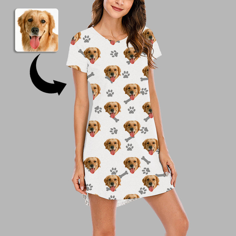 Mother's Day Gifts Custom Face Nightgown For Women Photo Sleepwear Custom Face Pajama Dress Soft Nightshirt Sleeveless Dog Footprint Gift For Loved One