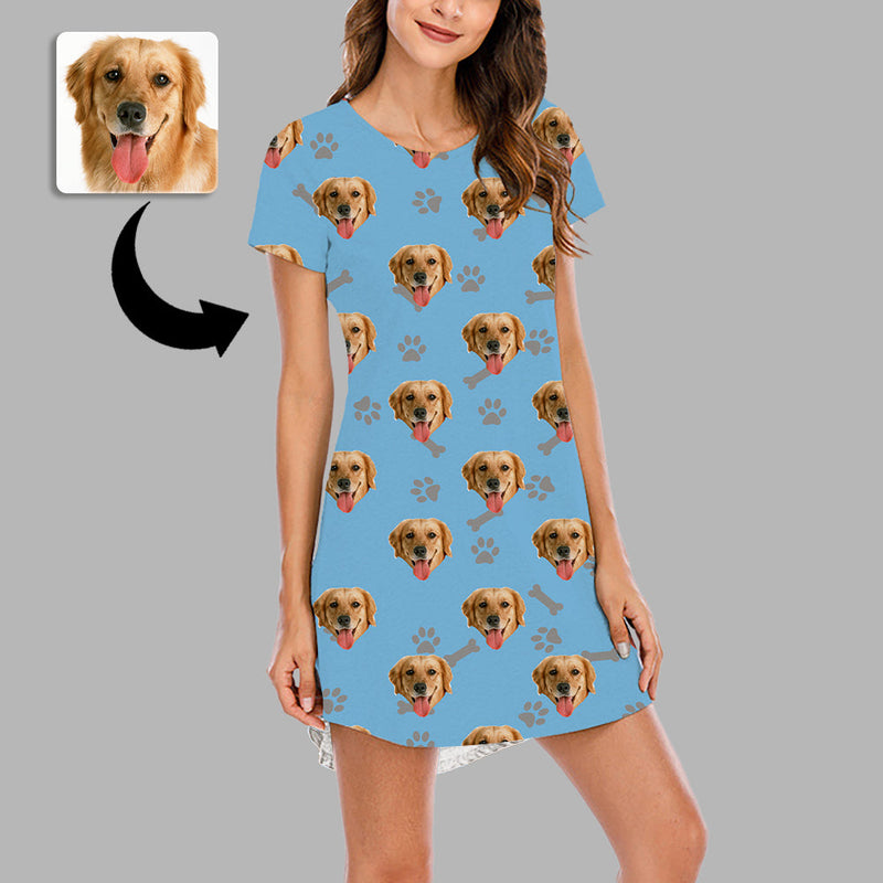 Mother's Day Gifts Custom Face Nightdress For Women Photo Sleepwear Custom Face Pajama Dress Soft Nightshirt Sleeveless Dog Footprint Gift For Loved One