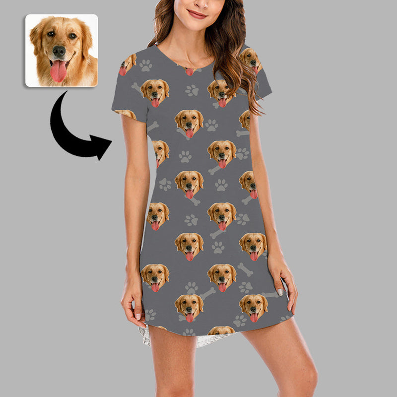 Mother's Day Gifts Custom Face Nightdress For Women Photo Sleepwear Custom Face Pajama Dress Soft Nightshirt Sleeveless Dog Footprint Gift For Loved One