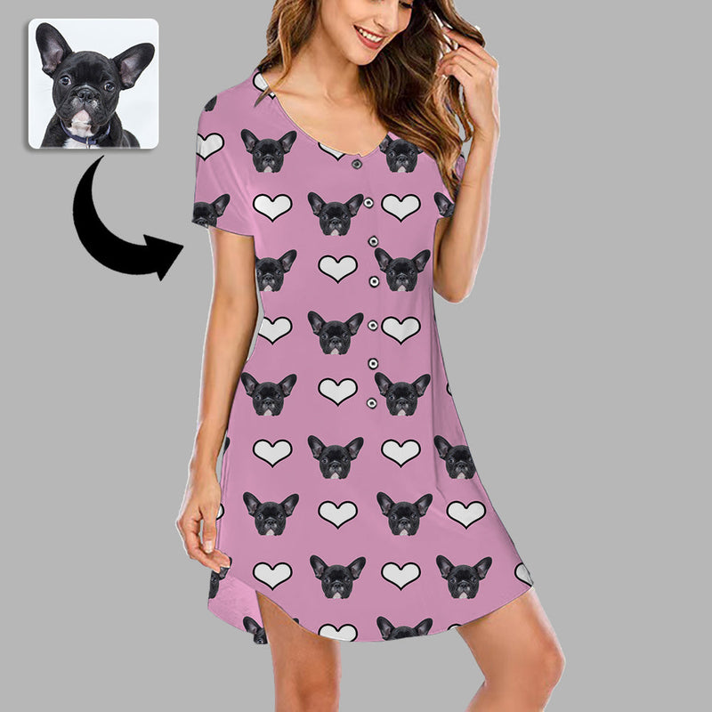 Mother's Day Gifts Custom Face Nightgown For Women Photo Sleepwear Custom Face Pajama Dress Soft Nightshirt Sleeveless Pink Heart