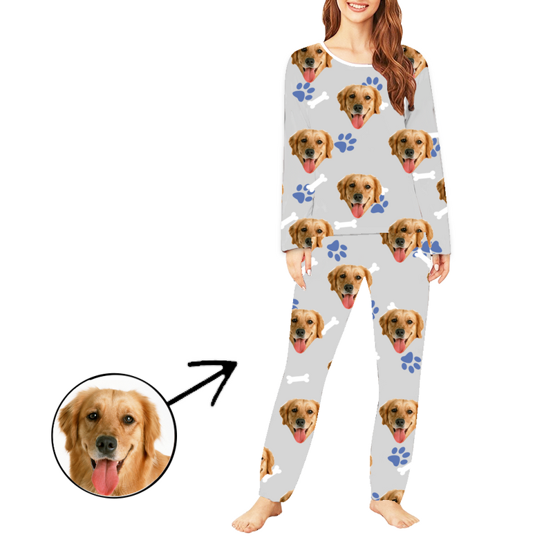 Custom Mother's Day Gifts Photo Pajamas For Women Dog Paw Footprint Long Sleeve