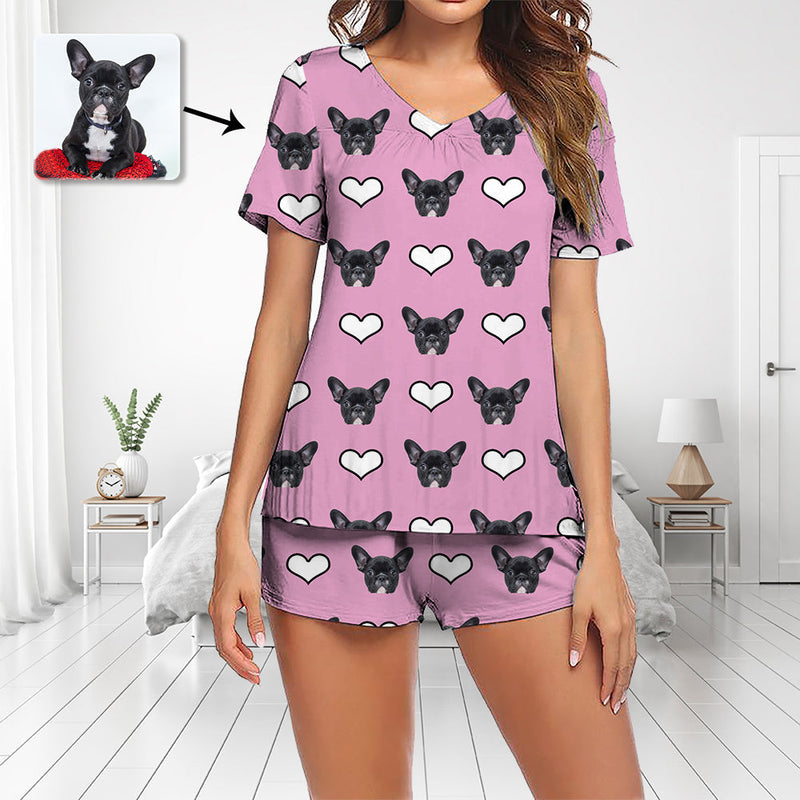 Custom Photo Pajamas Set Short Sleeve V-neck Pajama Women's Shorts Pajama Set Sleepwear Nightwear Lovely Dog
