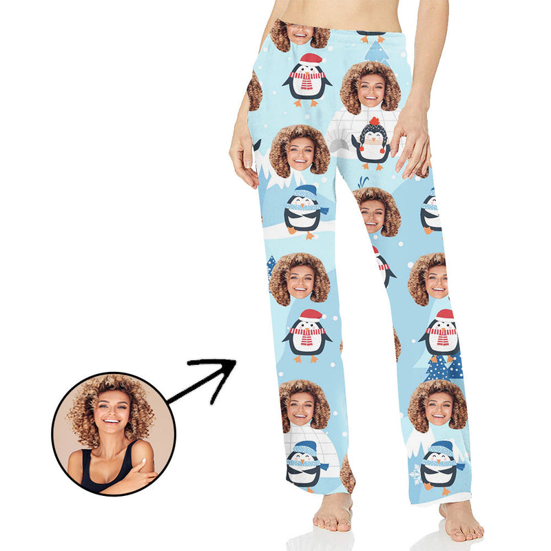 Custom Photo Pajamas Pants For Women Penguin And Snowflake