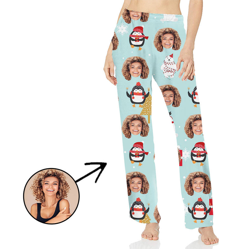 Custom Photo Pajamas Pants For Women Penguin And Christmas Tree