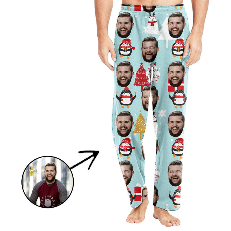 Custom Photo Pajamas Pants For Men Penguin And Christmas Tree