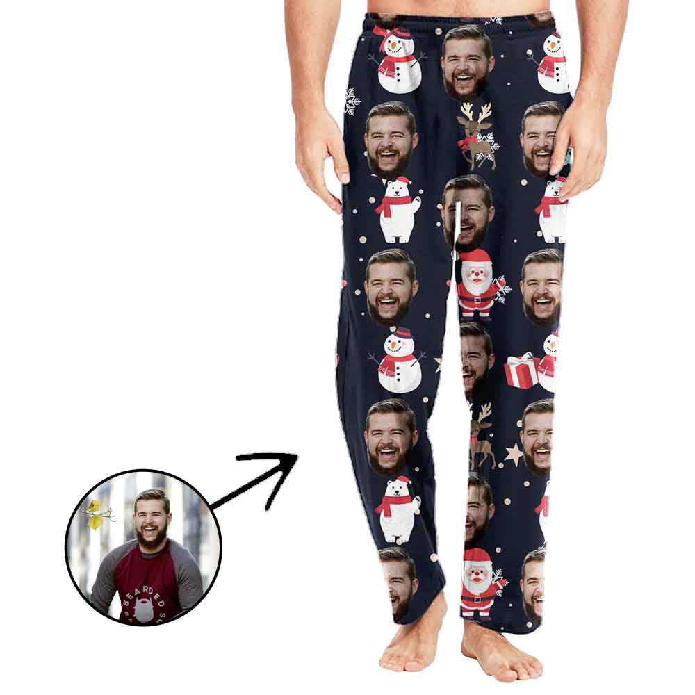 Custom Photo Pajamas Pants For Men Santa And Snowman