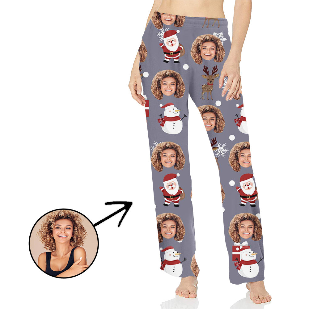 Custom Photo Pajamas Pants For Women Snowman And Snowflake