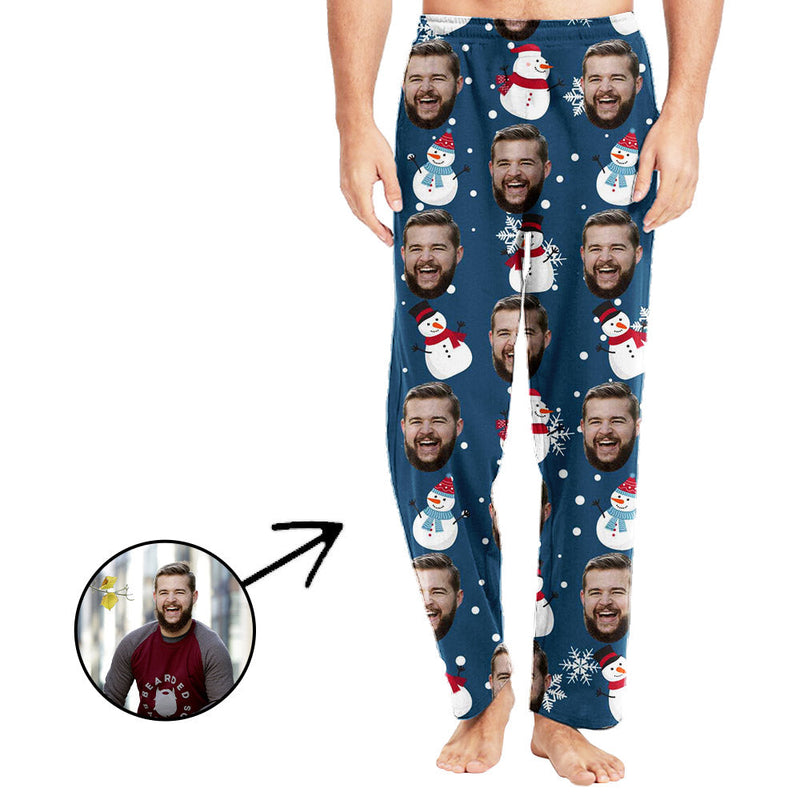 Custom Photo Pajamas Pants For Men Snowflake And Snowman
