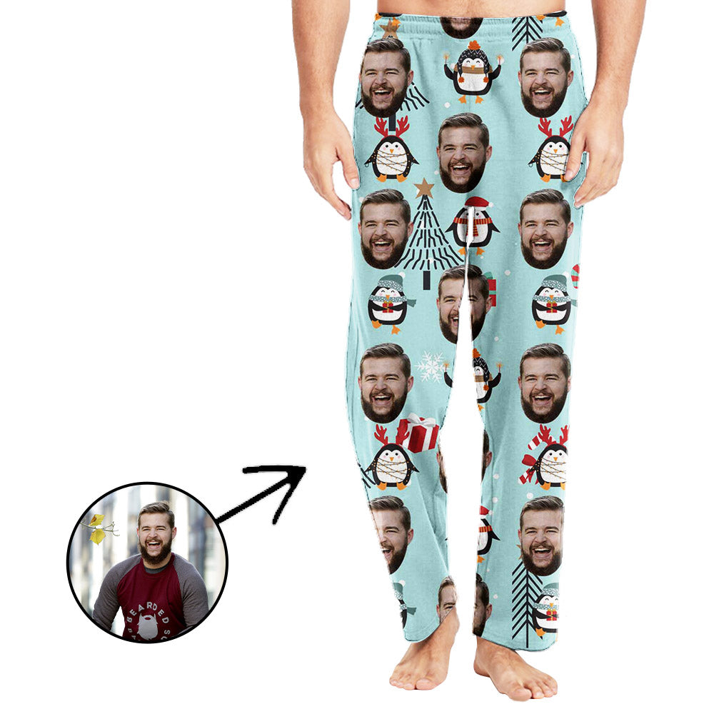 Custom Photo Pajamas Pants For Men Christmas Penguin