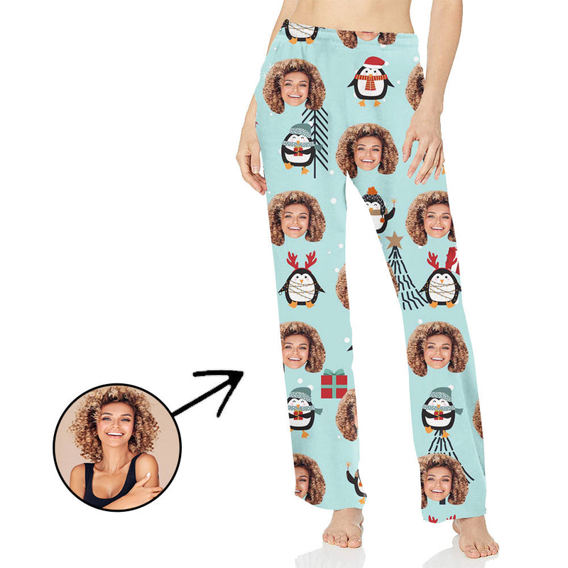 Custom Photo Pajamas Pants For Women Christmas Penguin