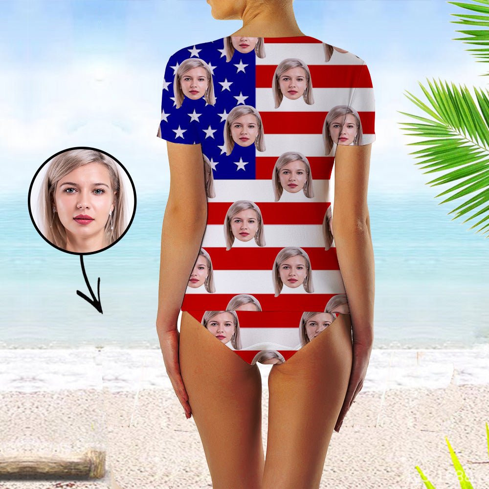 Custom Face Swimsuit Two Piece Face Swimsuit Face Bikini American Flag Personalized Bathing Suit For Women Short Sleeve