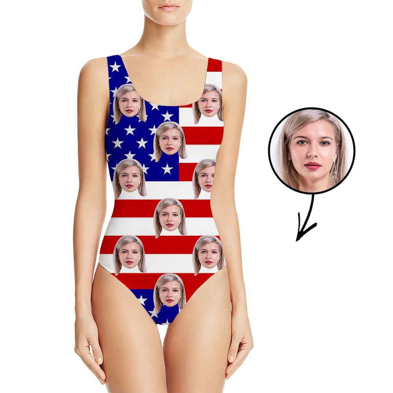 Custom Face Swimsuit Ruffle Face Bikini American Flag Personalized Bathing Suit For Women