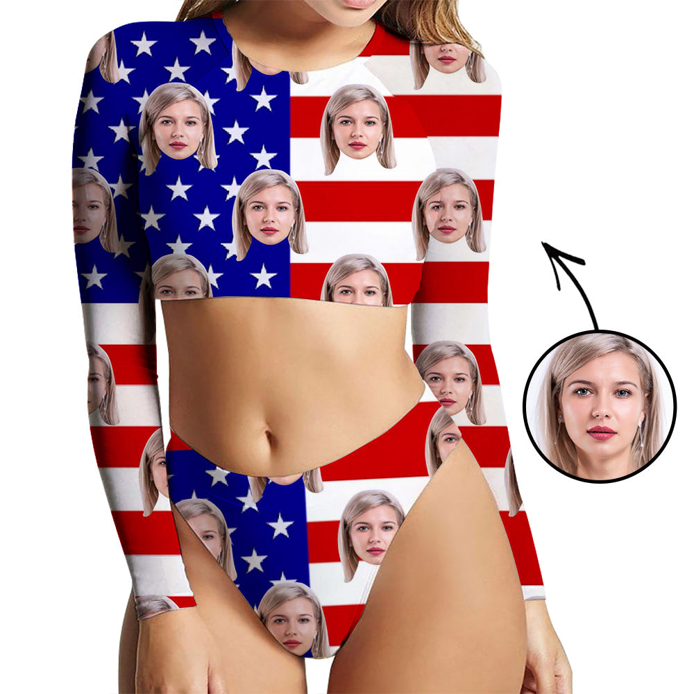 Custom Face Swimsuit Two Piece Face Swimsuit Face Bikini American Flag Personalized Bathing Suit For Women