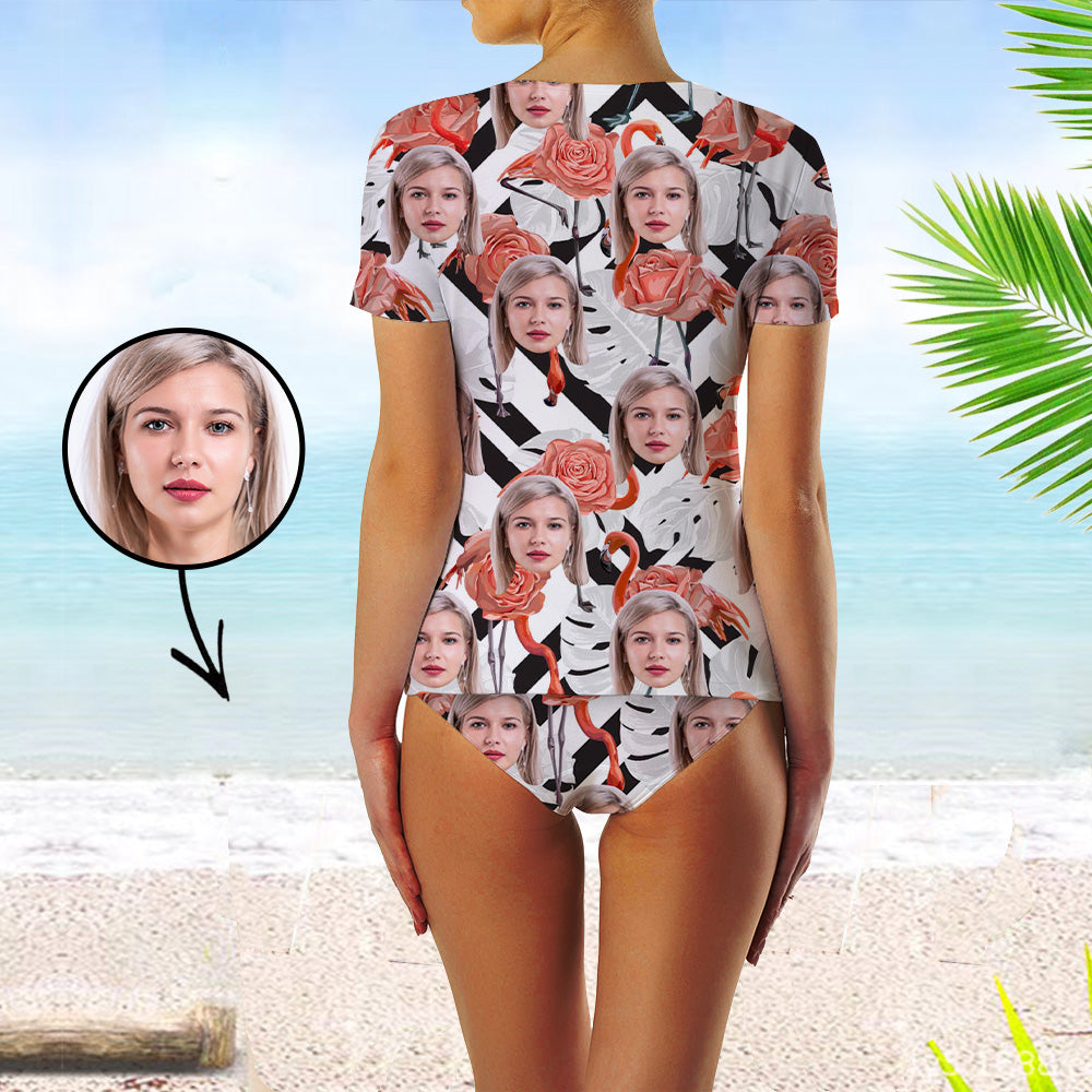Custom Face Swimsuit Two Piece Face Swimsuit Face Bikini Tropical Island Face Personalized Bathing Suit For Women Short Sleeve