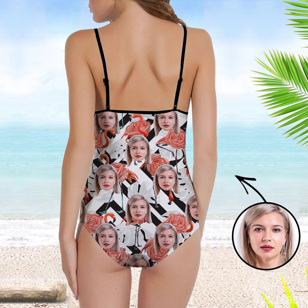 Custom Face Swimsuit One Piece Face Swimsuit Face Bikini Tropical Island Suspender Swimsuit Face Personalized Bathing Suit For Women