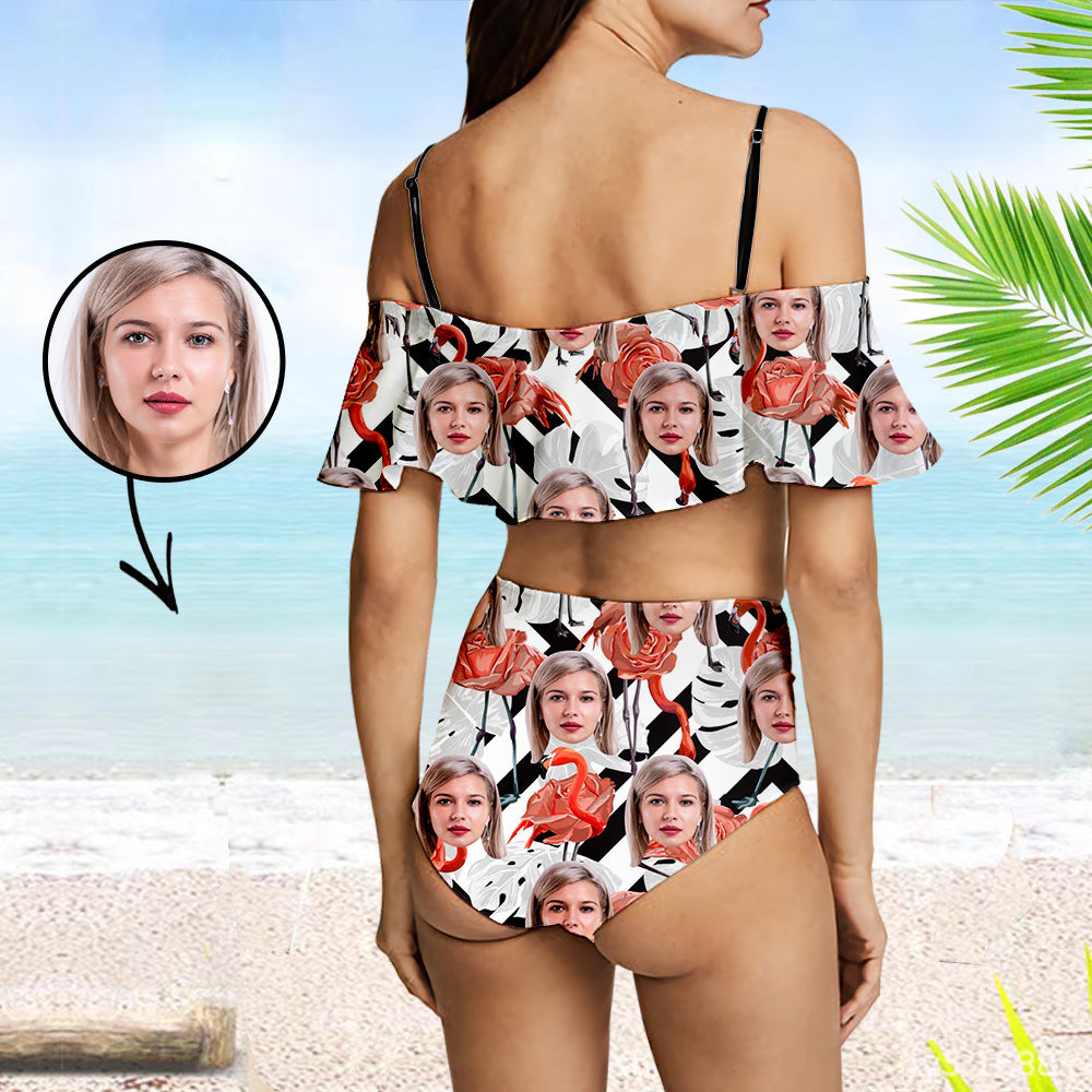 Custom Face Swimsuit Ruffle Face Bikini Tropical Island Face Personalized Bathing Suit For Women