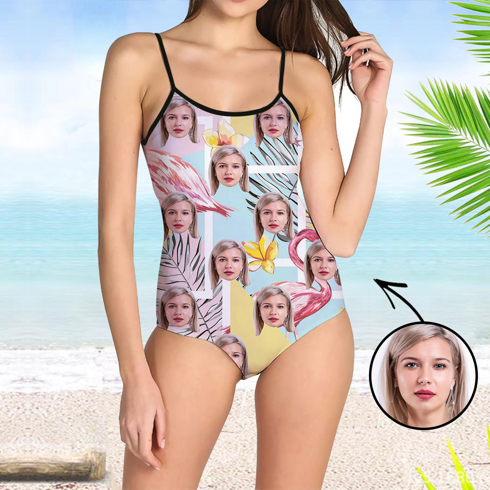 Custom Face Swimsuit One Piece Face Swimsuit Face Bikini Tropical Flower Face Suspender Swimsuit Personalized Bathing Suit For Women