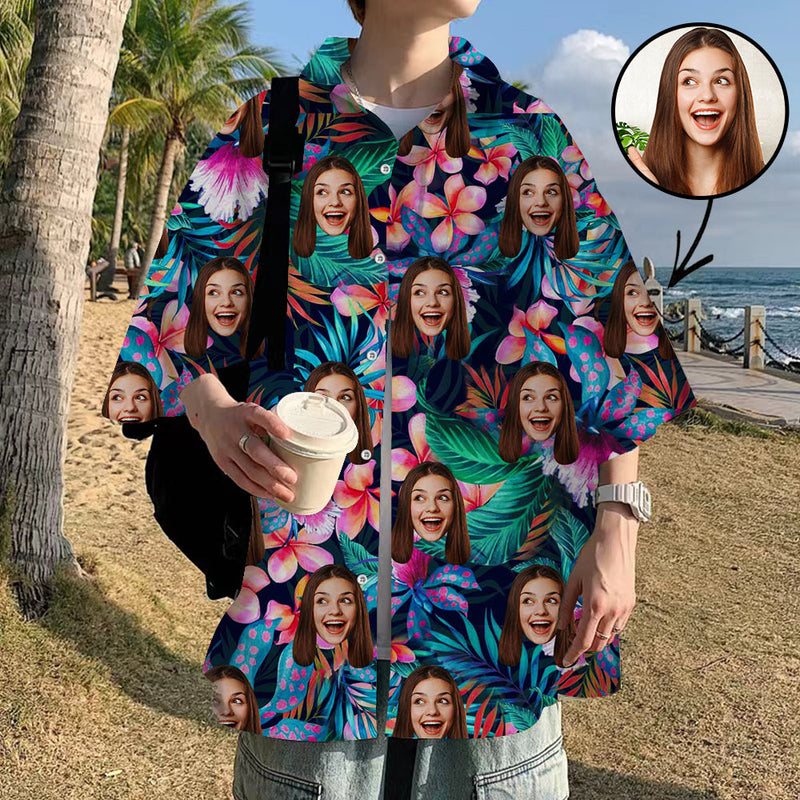Custom Face Hawaiian Shirt For Boyfriend/Husband Personalized Hawaiian Shirt Blue And Green Flowers