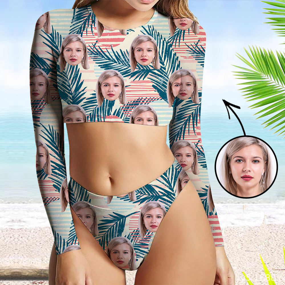 Custom Face Swimsuit Two Piece Face Swimsuit Face Bikini Tropical Vegetation Face Personalized Bathing Suit For Women