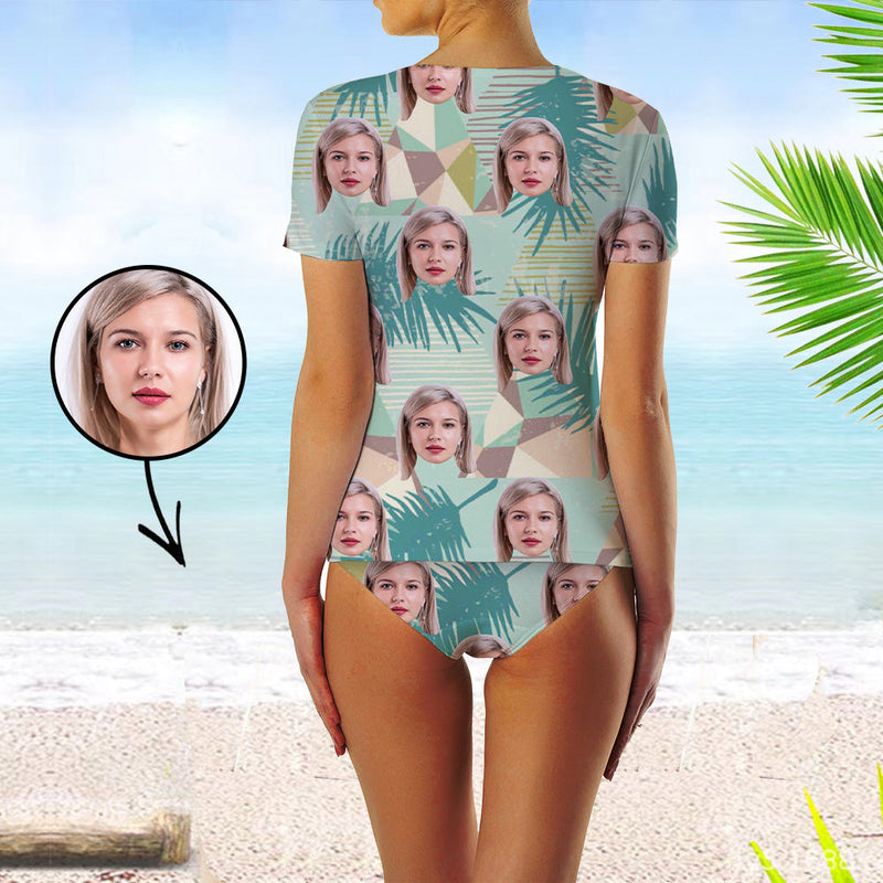 Custom Face Swimsuit Two Piece Face Swimsuit Face Bikini Tropical Vegetation Face Personalized Bathing Suit For Women Short Sleeve