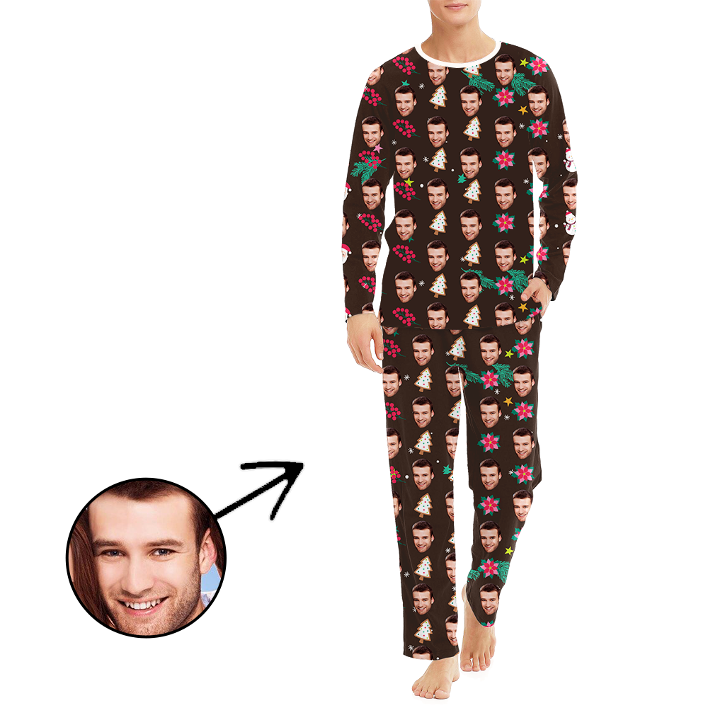 Custom Men's Photo Pajamas Christmas Tree And Flower Long Sleeve